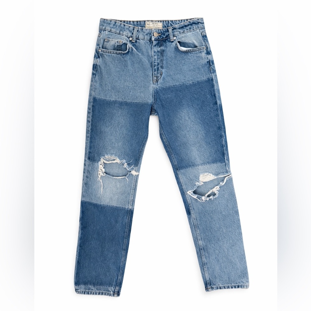 Free People Two Tone Patchwork Jeans High Rise Straight Leg Baggy Size 28